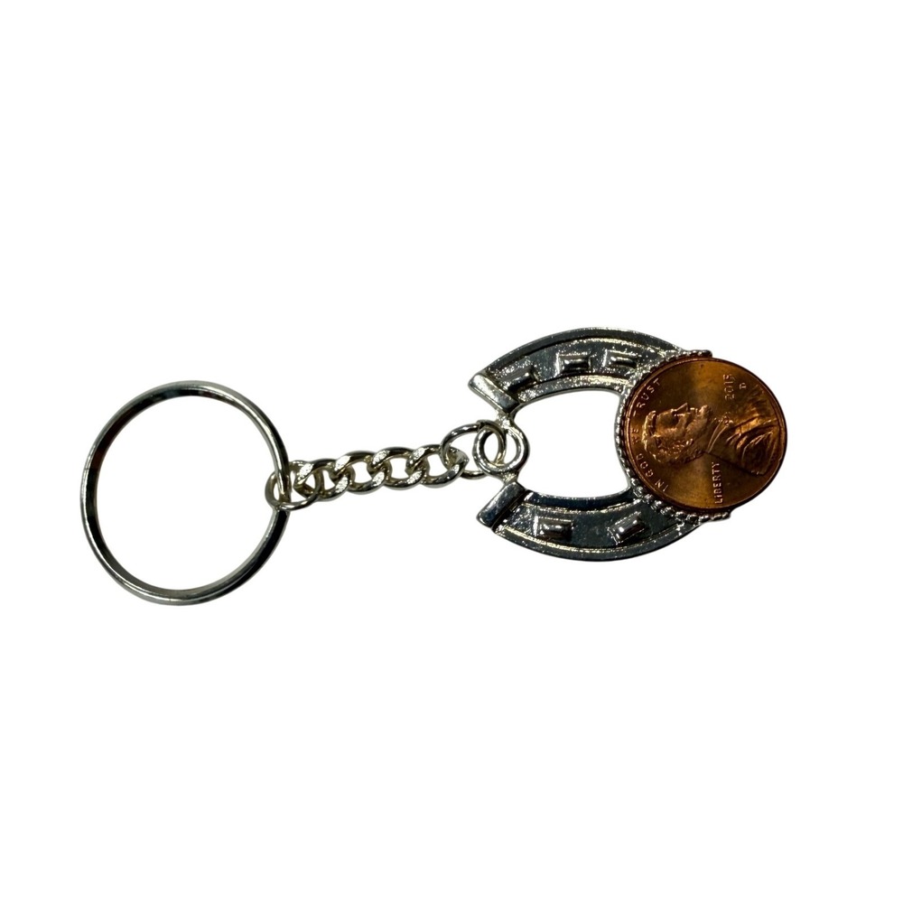 Lucky Horseshoe Keychain with 2015 D Lincoln Penny Silver Tone Metal Key Ring